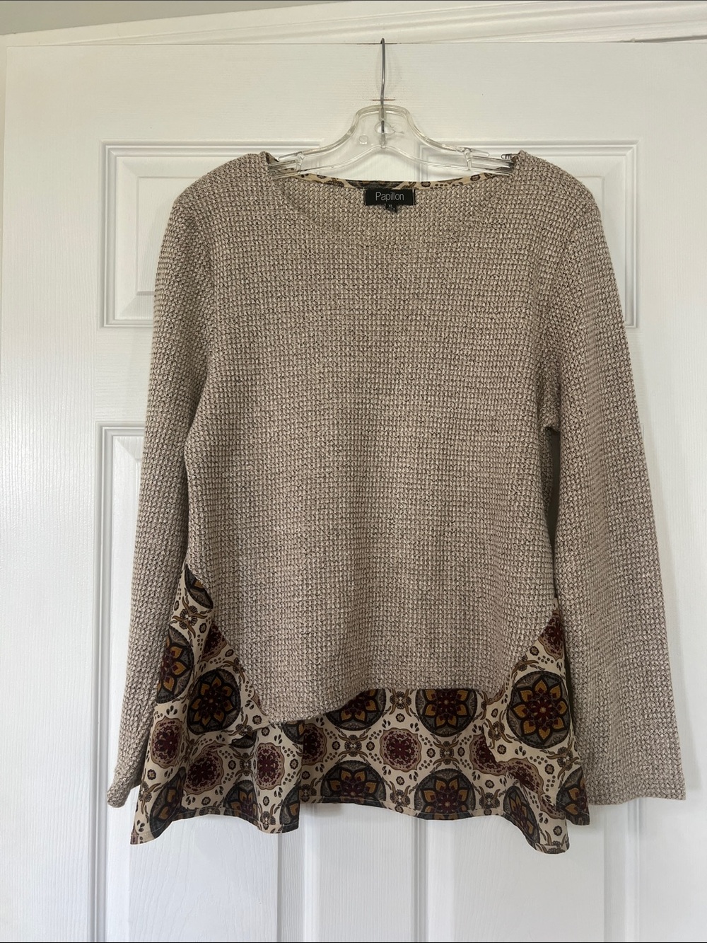 Papillon Beige Textured Knit Sweater with Patterned Trim